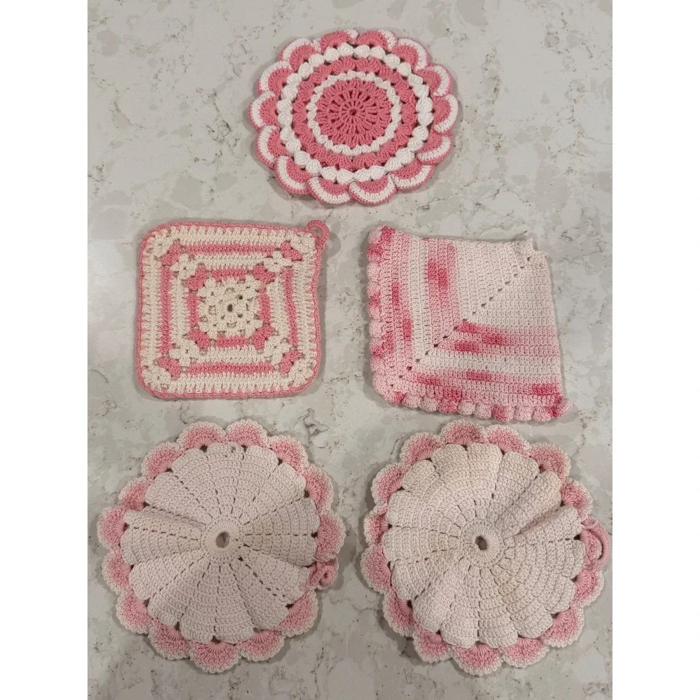 Vintage Crochet Potholders‎ Trivets Set of 5 Pink Cream Handmade Granny Square